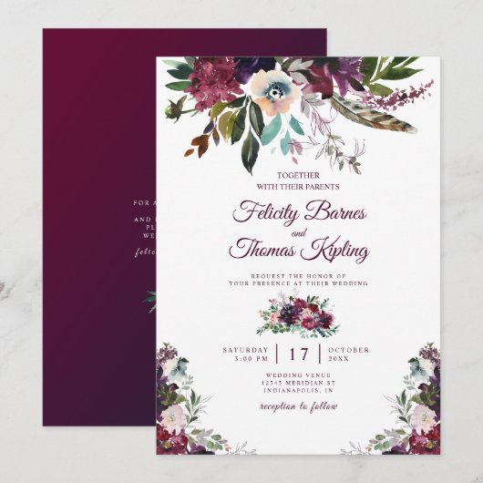 Invitation Aquarelle Bourgogne Splendor Floral Blanc Mariage (Devant / Derrière)