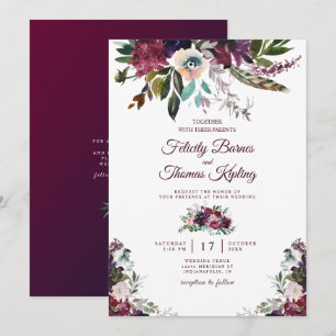 Invitation Aquarelle Bourgogne Splendor Floral Blanc Mariage