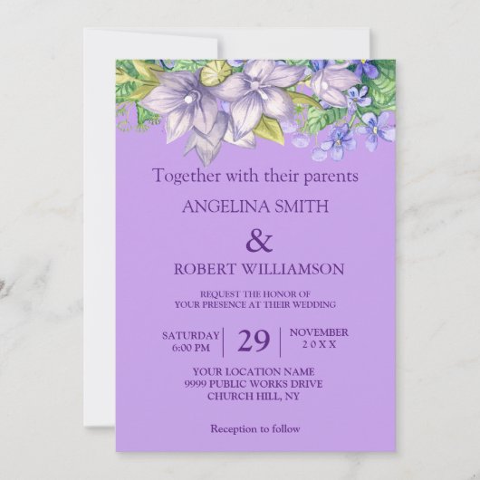 Invitation Aquarelle Bourgogne violet Floral Russe Mariage (Devant)