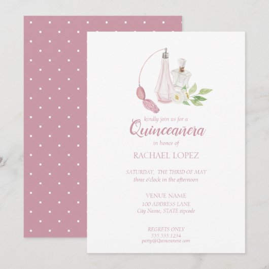 Invitation Aquarelle Bouteille de Parfum Quinceanera Annivers (Devant / Derrière)