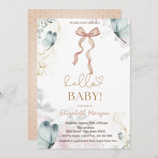 Invitation Aquarelle Bow Blue Butterfly Dots Baby shower (Devant / Derrière)