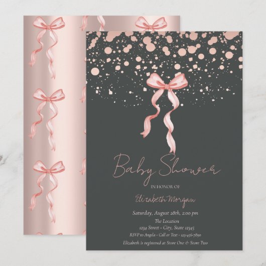 Invitation Aquarelle Bow Dots Rose Baby shower or (Devant / Derrière)