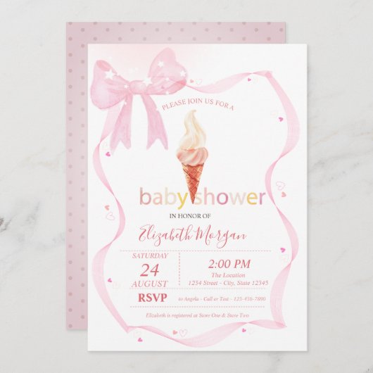 Invitation Aquarelle Bow rose crème glacée Baby shower points (Devant / Derrière)