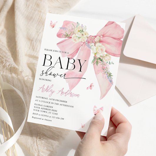 Invitation Aquarelle Bow rose et Baby shower floral