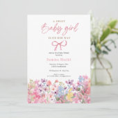 Invitation Aquarelle Bow rose Floral Girl Baby shower (Debout devant)
