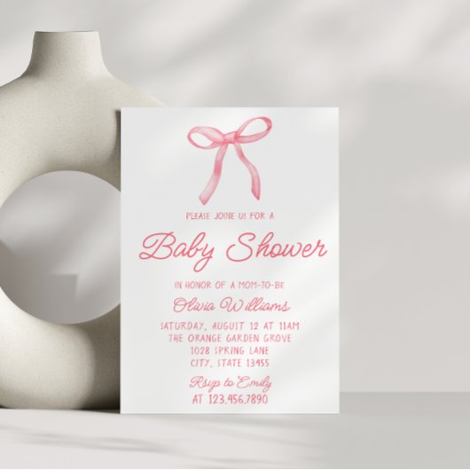 Invitation Aquarelle Bow rose main écrite bébé fille douche