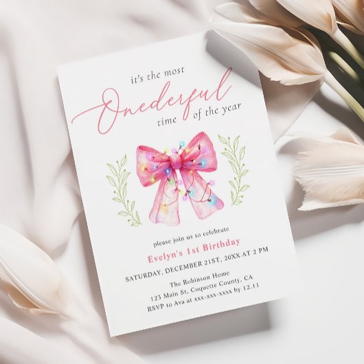 Invitation Aquarelle Bow rose Noël 1er anniversaire