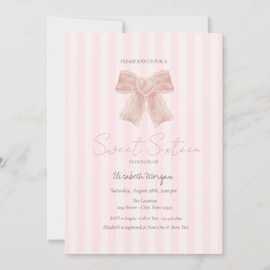 Invitation Aquarelle Bow rose rayé doux 16 (Devant)