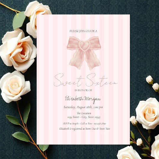 Invitation Aquarelle Bow rose rayé doux 16