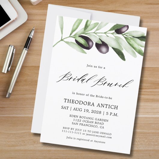 Invitation Aquarelle Branches d'olive Brunch nuptial