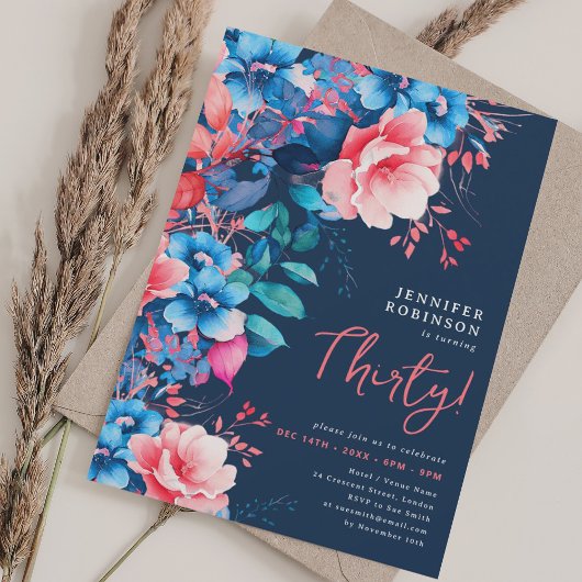 Invitation Aquarelle brillante Floral 30e anniversaire Marine