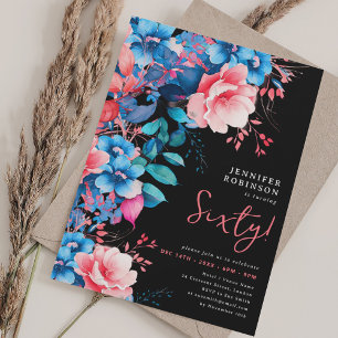 Invitation Aquarelle brillante Florale 60e anniversaire Noir