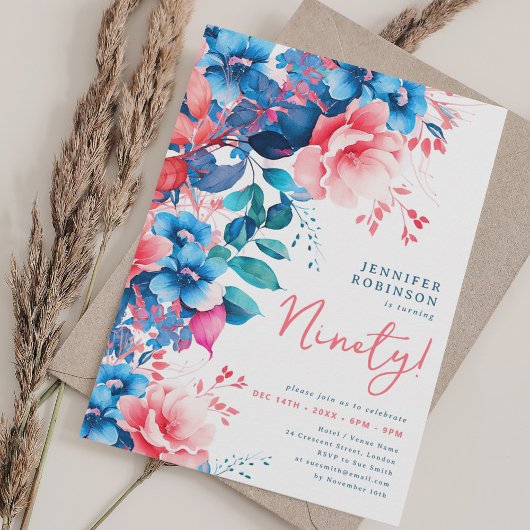Invitation Aquarelle brillante Florale 90e anniversaire