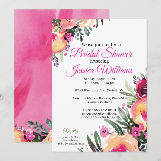 Invitation Aquarelle brillante Florale Douche nuptiale invita (Devant / Derrière)