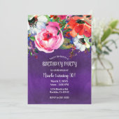 Invitation Aquarelle brillante Florale pourpre fête d'anniver (Debout devant)