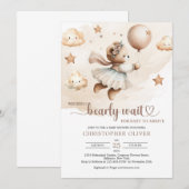 Invitation Aquarelle brun ivoire peluche ours fille attendre (Devant / Derrière)