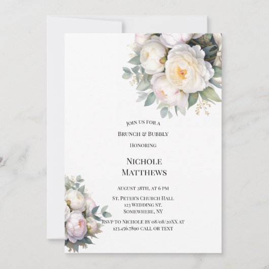 Invitation Aquarelle Brunch & Bubbly aux Pivoines Blanches (Devant)