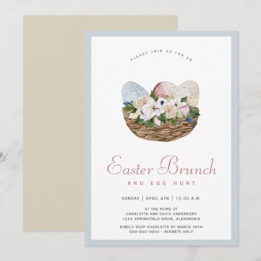 Invitation Aquarelle Brunch de Pâques et chasse aux oeufs (Devant / Derrière)