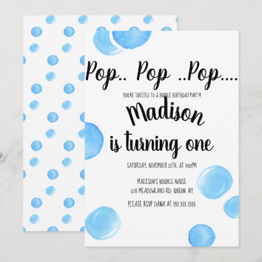 Invitation Aquarelle bulles Pop Pop Pop Pop Anniversaire (Devant / Derrière)