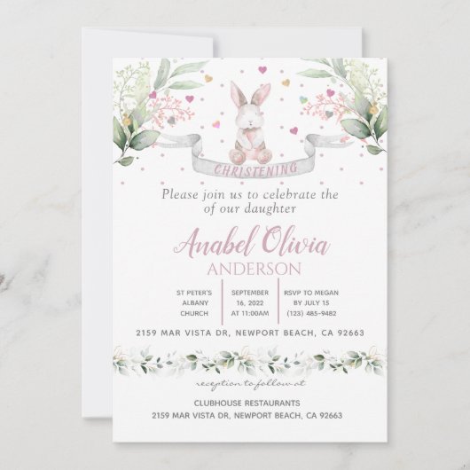 Invitation Aquarelle Bunny Baby Girl Baptism (Devant)