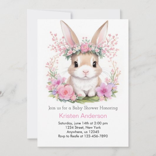 Invitation Aquarelle Bunny Dreams Baby shower fille rose (Devant)