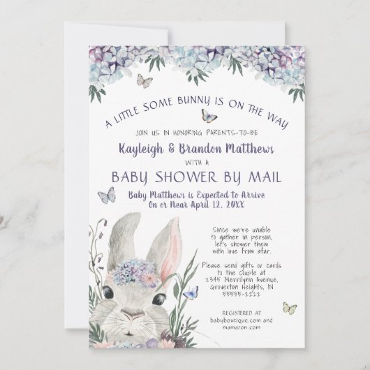 Invitation Aquarelle Bunny Floral Purple Baby shower Par Cour (Devant)