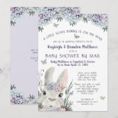 Invitation Aquarelle Bunny Floral Purple Baby shower Par Cour (Devant / Derrière)
