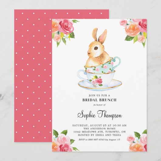 Invitation Aquarelle Bunny sur Teups Fleur Brunch nuptial (Devant / Derrière)