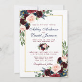 Invitation Aquarelle Burgundy Bleu Floral Mariage Or (Devant)