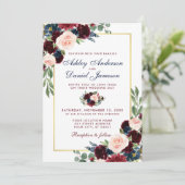 Invitation Aquarelle Burgundy Bleu Floral Mariage Or (Debout devant)
