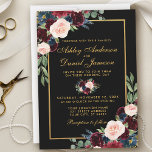 Invitation Aquarelle Burgundy Bleu Floral Noir Mariage Or<br><div class="desc">Elégante aquarelle Bourgogne Marsala et Blue Floral Black Gold Faire-part de mariage</div>