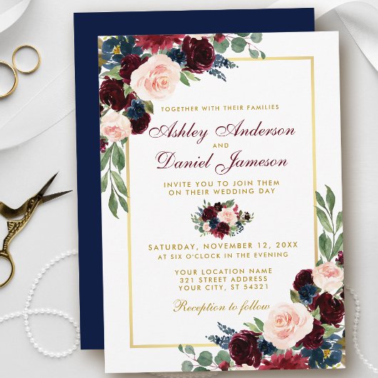 Invitation Aquarelle Burgundy Bleu Floral Or Mariage B