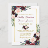 Invitation Aquarelle Burgundy Bleu Floral Or Mariage BG (Devant)