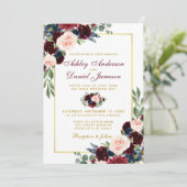 Invitation Aquarelle Burgundy Bleu Floral Or Mariage BG (Debout devant)