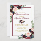 Invitation Aquarelle Burgundy Bleu Floral Or Quinceanera (Devant)