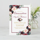 Invitation Aquarelle Burgundy Bleu Floral Or Quinceanera (Debout devant)