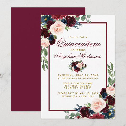 Invitation Aquarelle Burgundy Bleu Floral Or Quinceanera (Devant / Derrière)