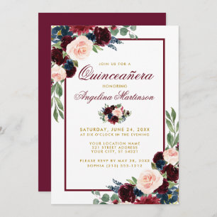 Invitation Aquarelle Burgundy Bleu Floral Or Quinceanera