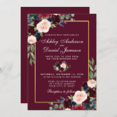 Invitation Aquarelle Burgundy Blue Floral Gold Frame Mariage (Devant / Derrière)