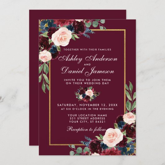 Invitation Aquarelle Burgundy Blue Floral Gold Frame Mariage (Devant / Derrière)