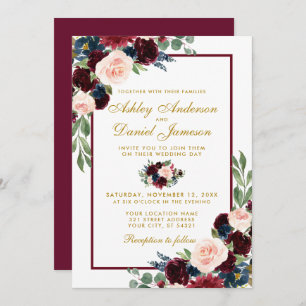 Invitation Aquarelle Burgundy Blue Floral Mariage
