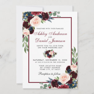 Invitation Aquarelle Burgundy Blue Floral Mariage
