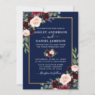 Invitation Aquarelle Burgundy Blue Floral Mariage Gold Frame