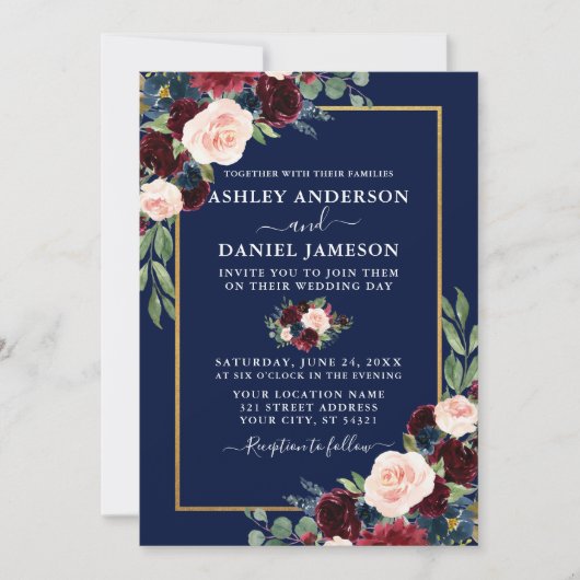 Invitation Aquarelle Burgundy Blue Floral Mariage Gold Frame (Devant)