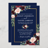 Invitation Aquarelle Burgundy Blue Floral Mariage Gold Frame (Devant / Derrière)