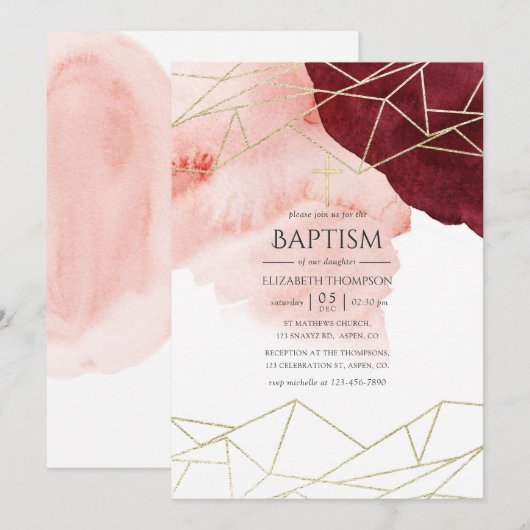 Invitation Aquarelle Burgundy Blush Baptême géométrique (Devant / Derrière)
