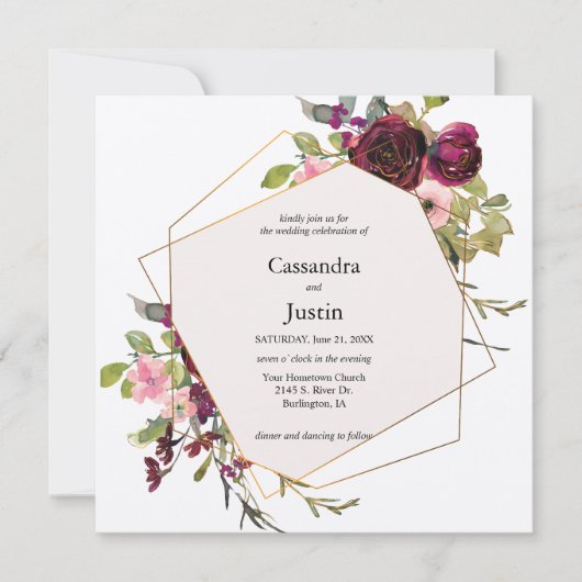 Invitation Aquarelle Burgundy Blush et Gold Floral (Devant)