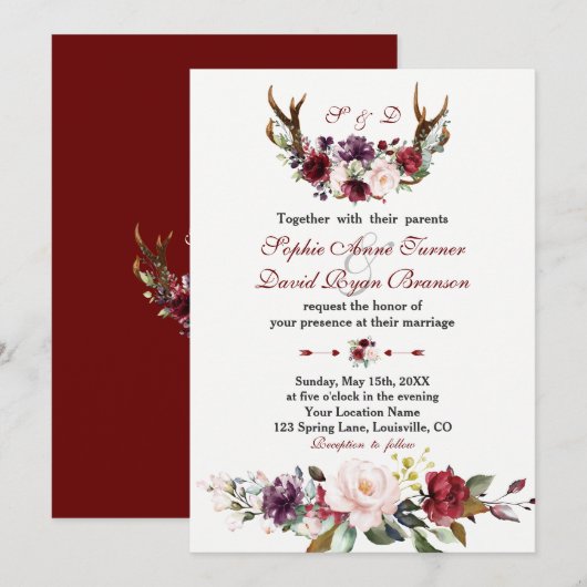 Invitation Aquarelle Burgundy Blush Floral Antlers Mariage (Devant / Derrière)