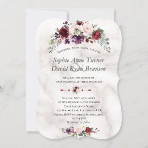 Invitation Aquarelle Burgundy Blush Flowers Marbre Mariage
