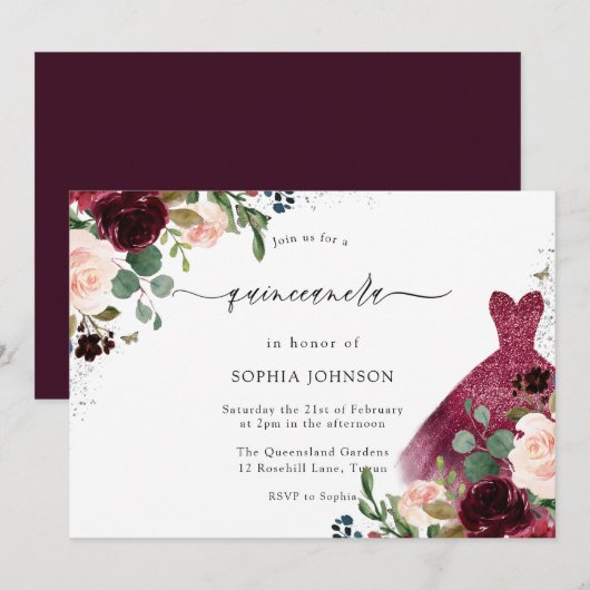 Invitation Aquarelle Burgundy Blush Robe Florale Quinceanera (Devant / Derrière)